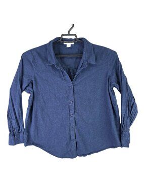 Womens Liz Claiborne Blue Button Up Shirt Cotton Linen Blend Long Sleeve Size XL